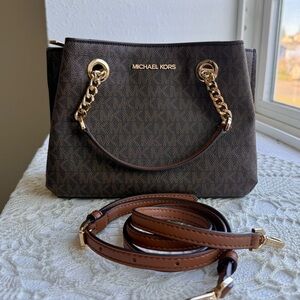 Michael Kors Teagan Signature Logo Satchel Crossbody – Brown/Tan